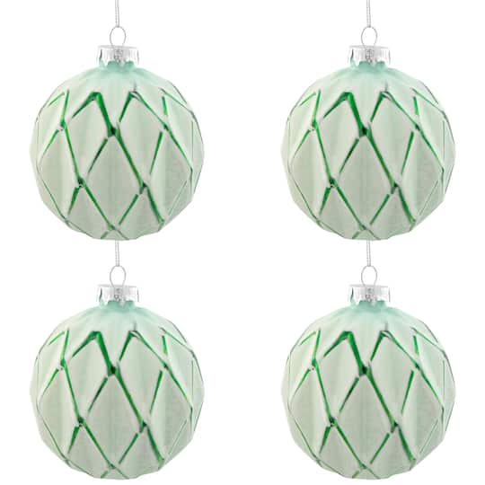 Harlequin Christmas Glass Ball Ornaments - 4" (100mm) - Mint Green - 4ct